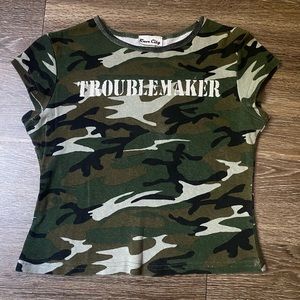 RAVE CITY camo “troublemaker” cropped tee